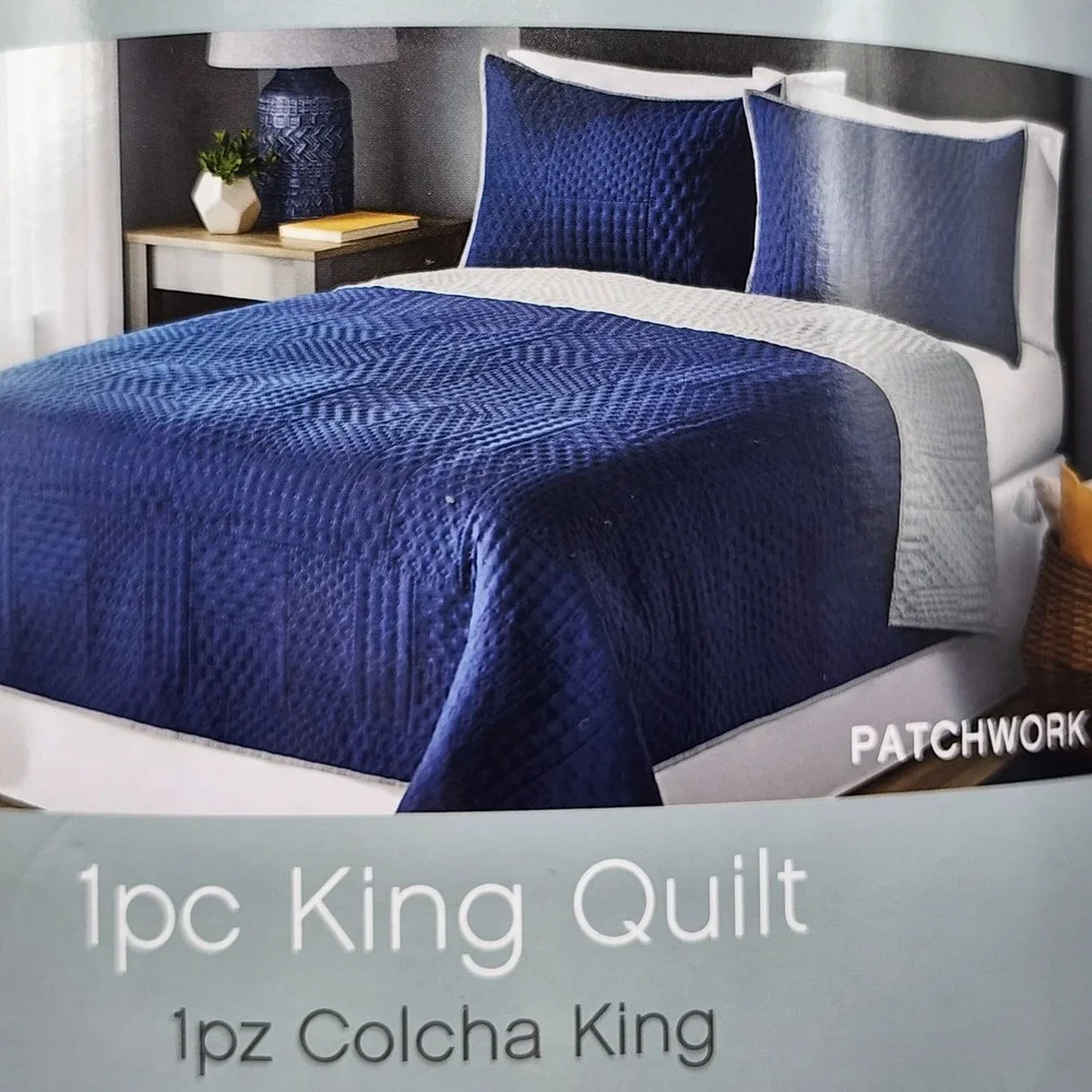 Hudson Essex 3pc Navy Gray Reversible One King Size Quilt And 2 Standard Shams